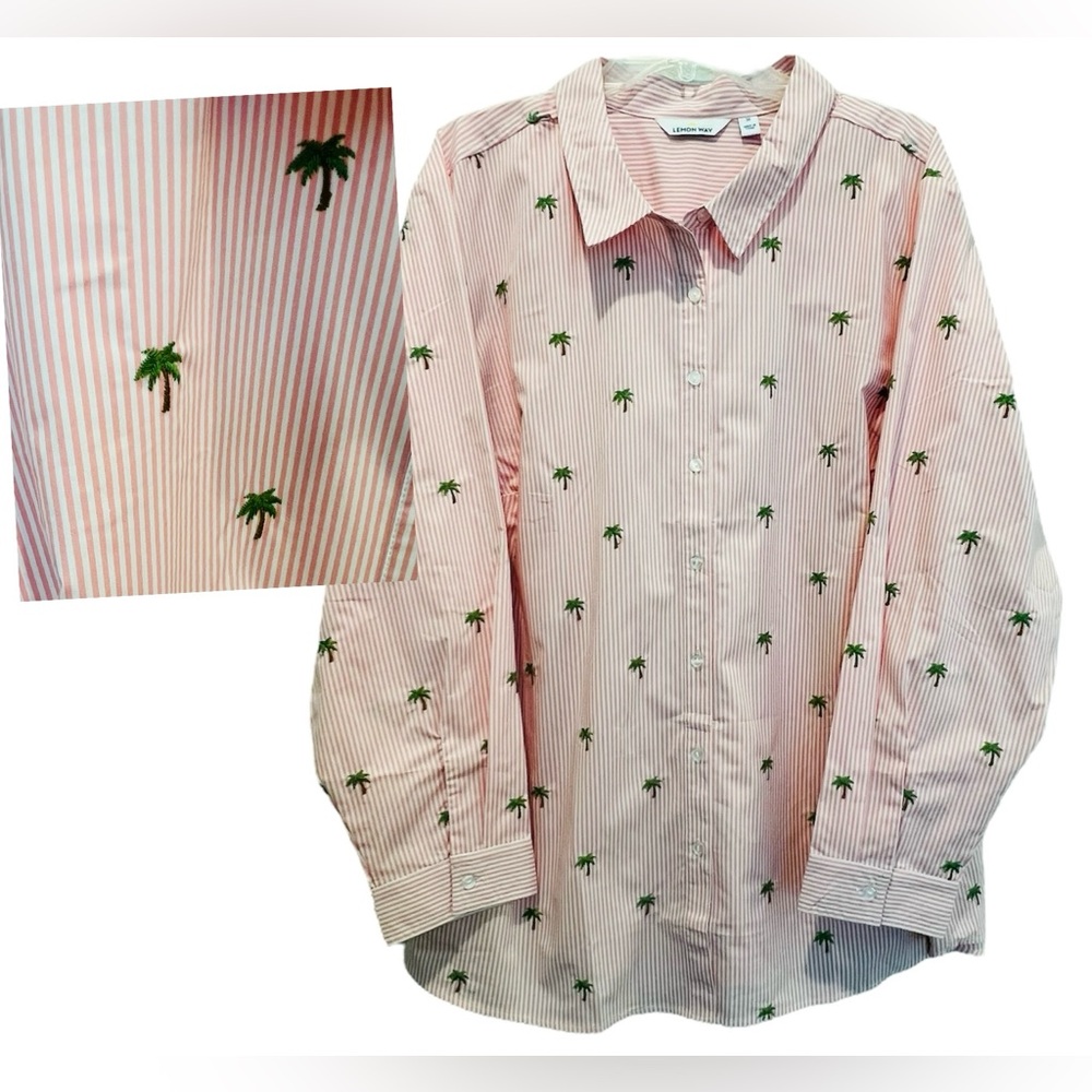 Lemon Way Button Up Shirt Pink  White Striped Embroidered Palm Trees 3X Novelty